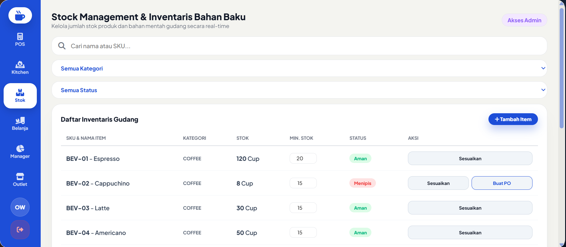 Manajemen Stok Bahan Baku dan Resep Cafe POS Digistack