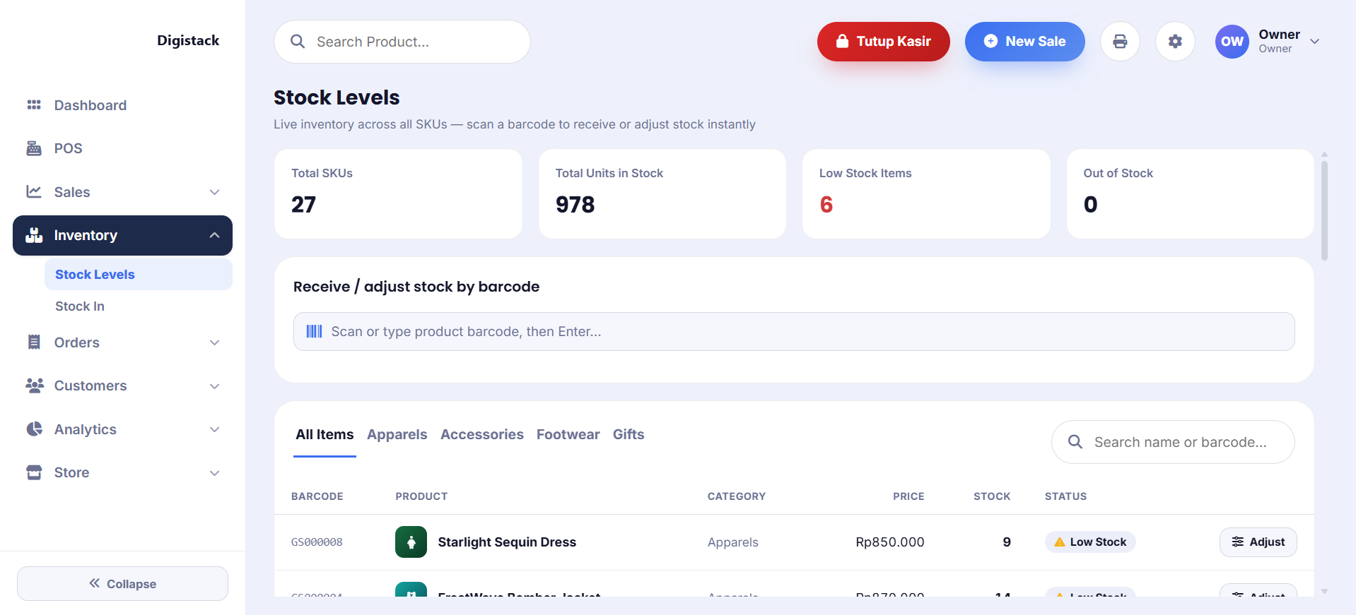 Monitoring Level Stok Multi Kategori Retail Digistack